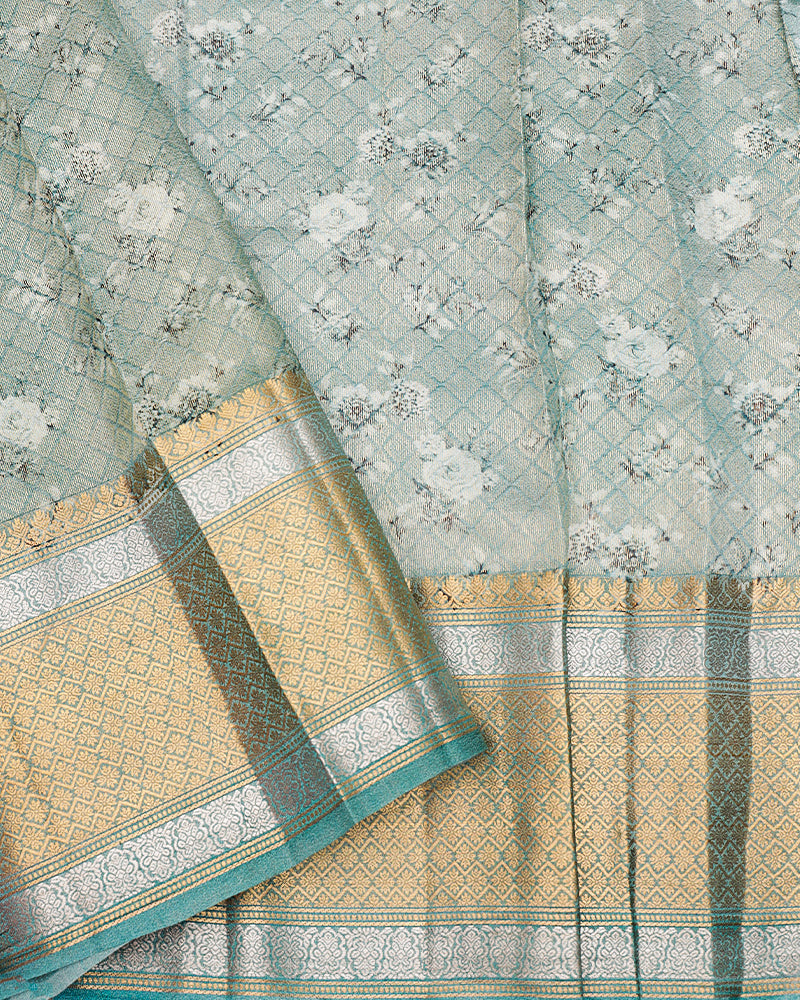 Peach pink printed kanchivaram saree - PattuCheeralu