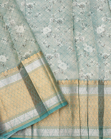 Peach pink printed kanchivaram saree - PattuCheeralu
