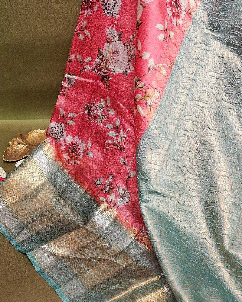 Peach pink printed kanchivaram saree - PattuCheeralu