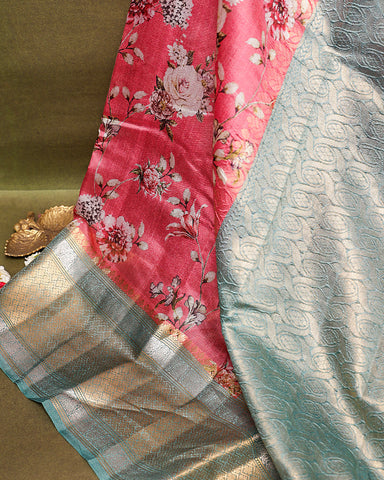 Peach pink printed kanchivaram saree - PattuCheeralu