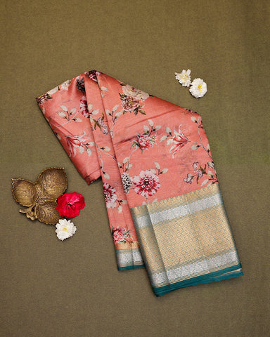 Peach pink printed kanchivaram saree - PattuCheeralu