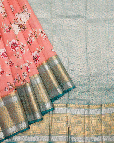 Peach pink printed kanchivaram saree - PattuCheeralu