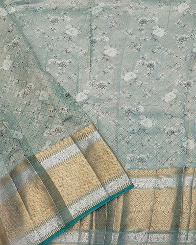 Peach pink printed kanchivaram saree - PattuCheeralu