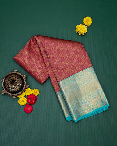 The onion pink checks Kanjivaram silk saree - PattuCheeralu