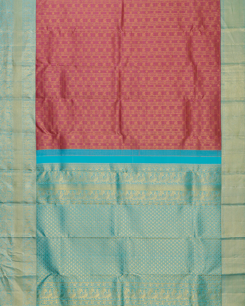 The onion pink checks Kanjivaram silk saree - PattuCheeralu