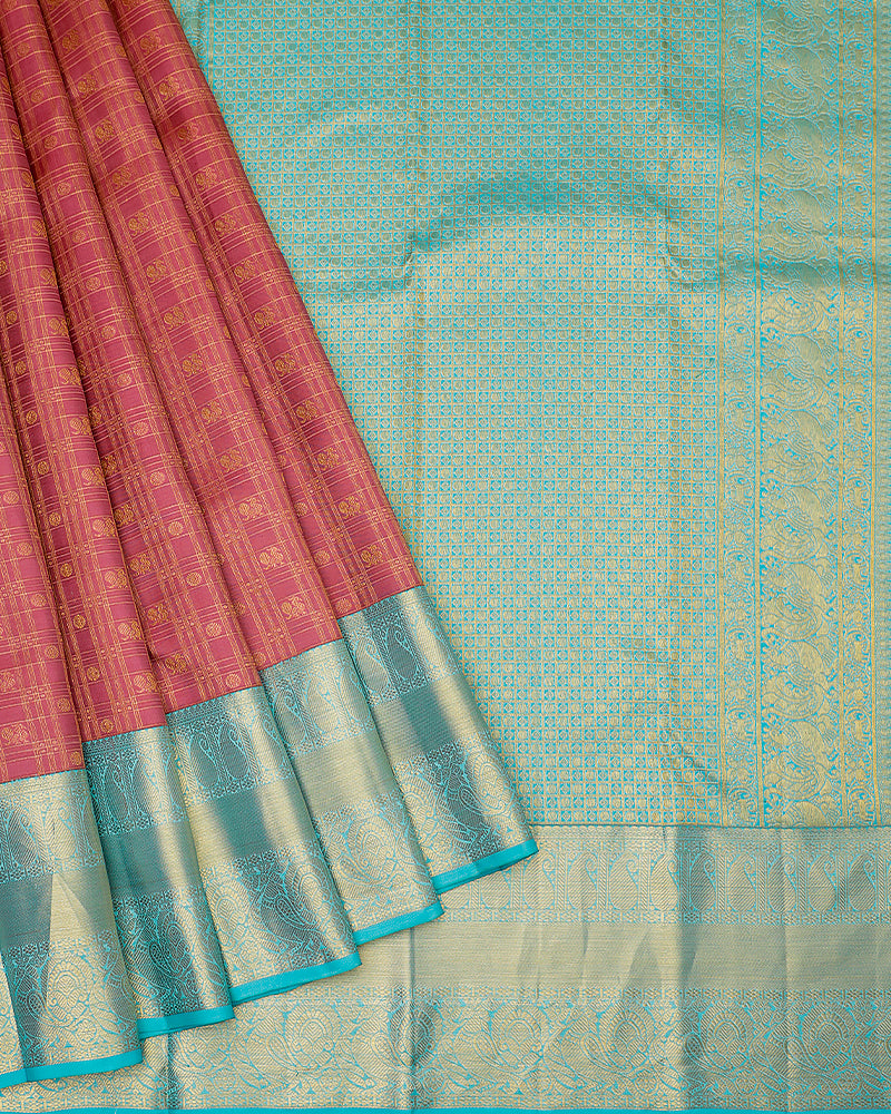 The onion pink checks Kanjivaram silk saree - PattuCheeralu