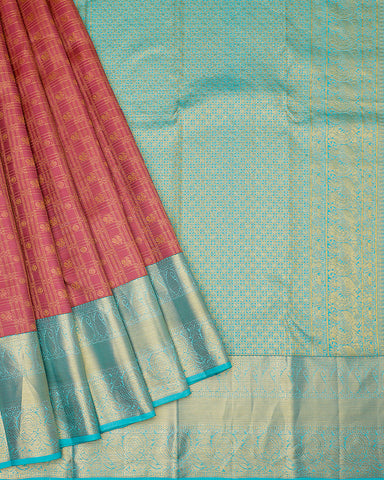 The onion pink checks Kanjivaram silk saree - PattuCheeralu