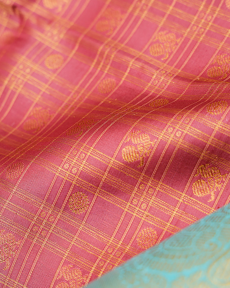 The onion pink checks Kanjivaram silk saree - PattuCheeralu