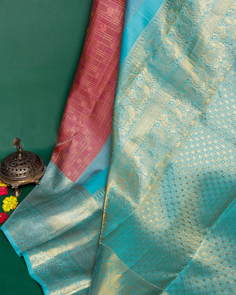 The onion pink checks Kanjivaram silk saree - PattuCheeralu