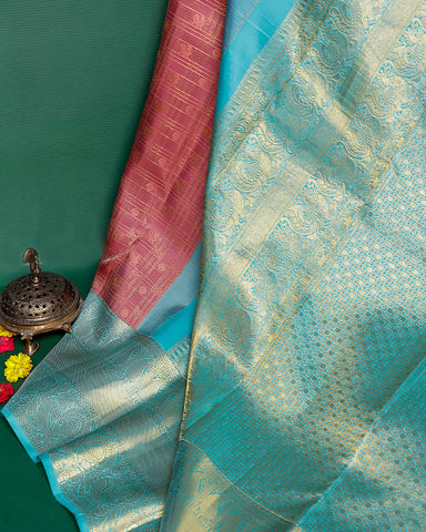 The onion pink checks Kanjivaram silk saree - PattuCheeralu