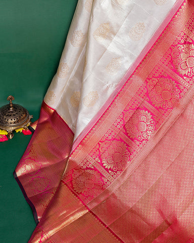 The off-white Kanjivaram silk saree - PattuCheeralu