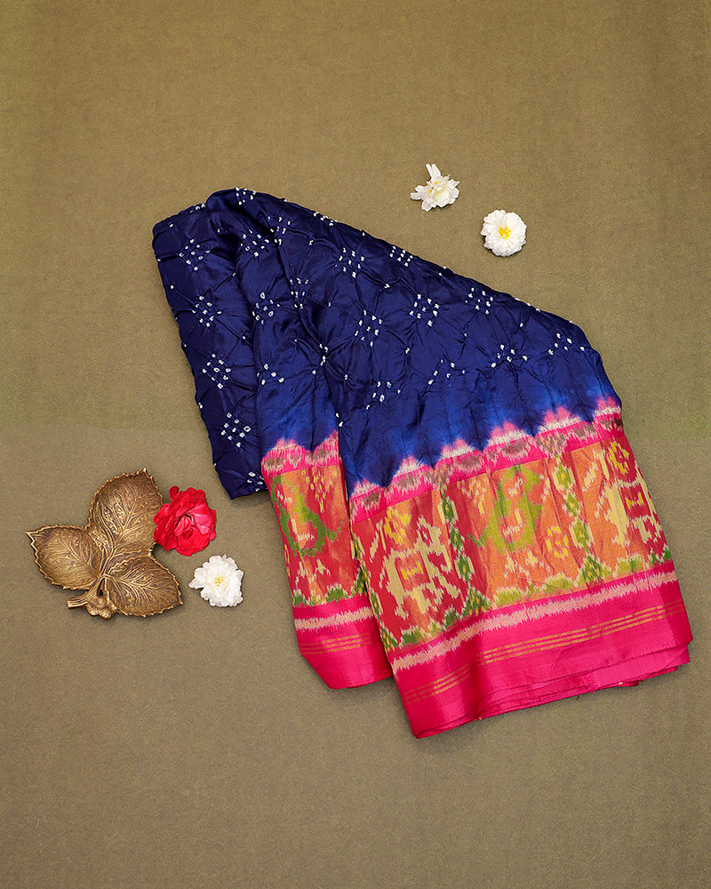 Royal blue Bandhani silk saree - PattuCheeralu