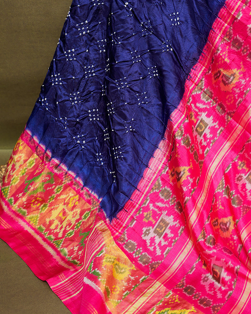 Royal blue Bandhani silk saree - PattuCheeralu