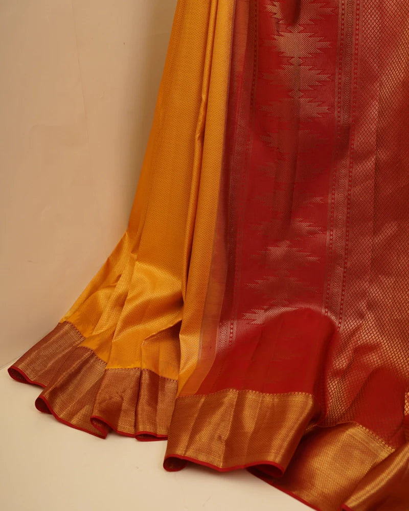 Orange yellow kanjivaram silk saree - PattuCheeralu