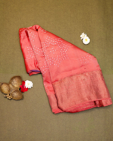 Peach pink bandhani silk saree - PattuCheeralu