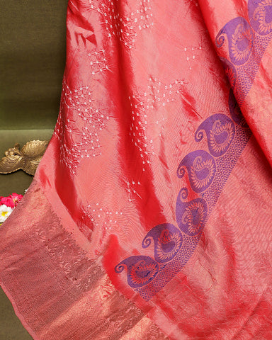 Peach pink bandhani silk saree - PattuCheeralu