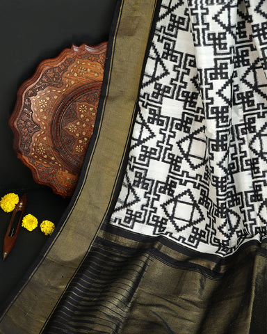 White and black Ikkat Silk - PattuCheeralu