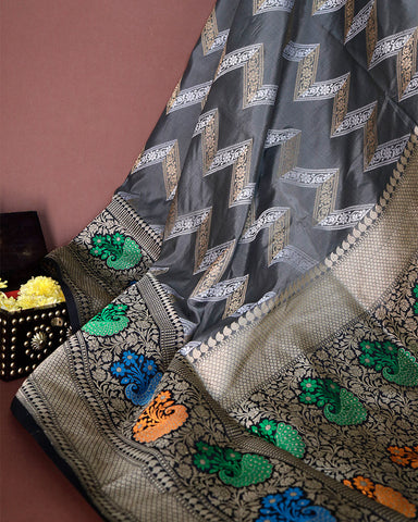 Grey Katan Banarasi Silk Saree - PattuCheeralu