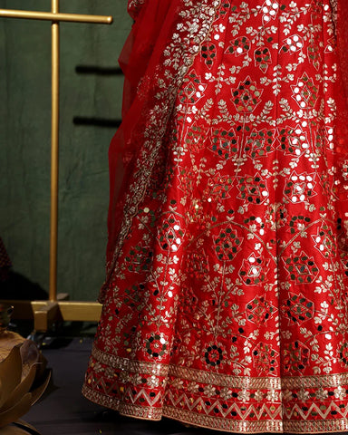 Bright Red Kanjivaram Lehenga Set - PattuCheeralu