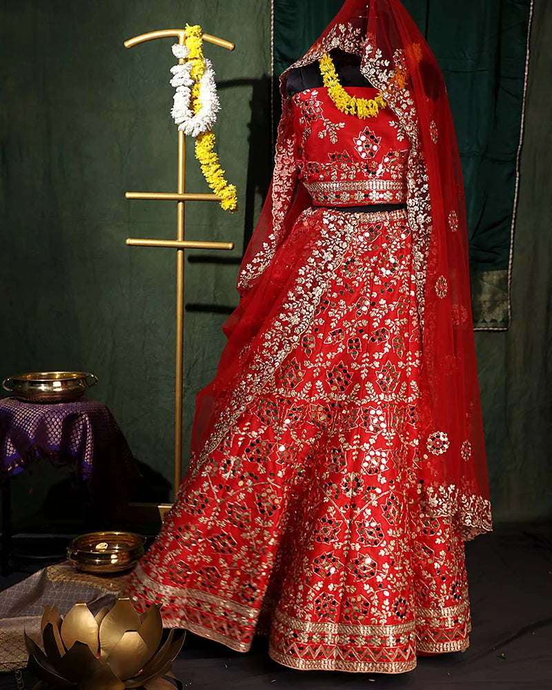 Bright Red Kanjivaram Lehenga Set - PattuCheeralu