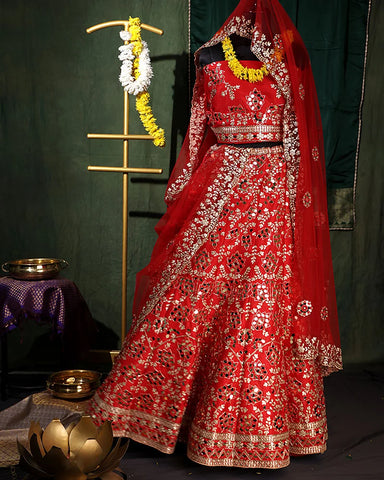 Bright Red Kanjivaram Lehenga Set - PattuCheeralu