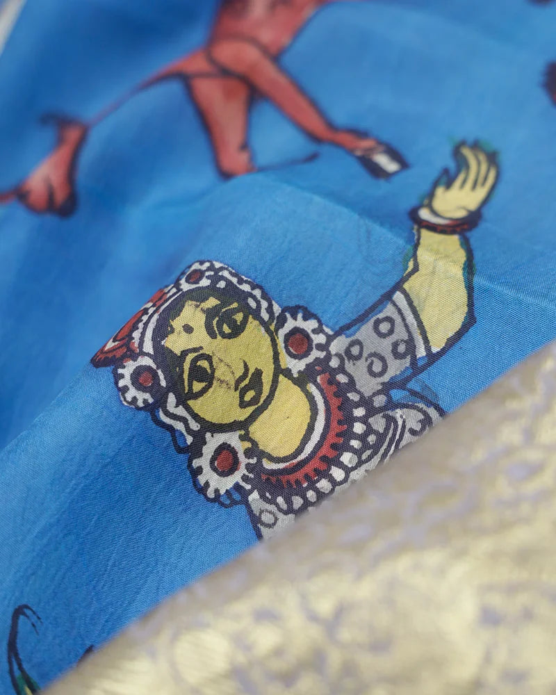 Blue Kachi Kalamkari Silk Saree - PattuCheeralu