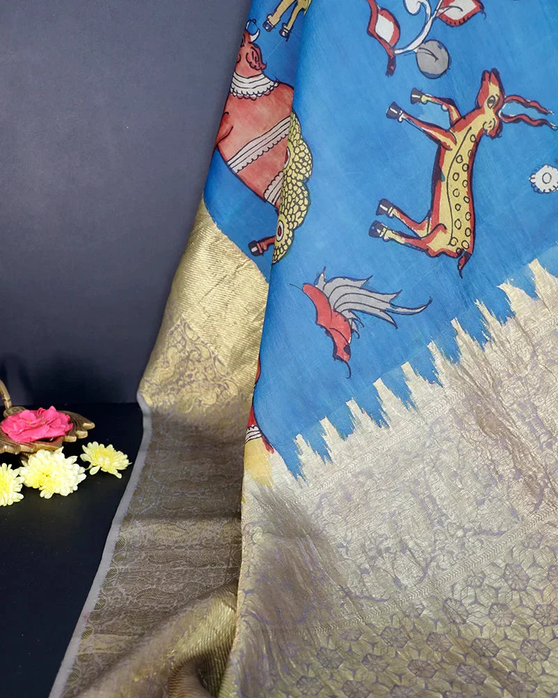 Blue Kachi Kalamkari Silk Saree - PattuCheeralu