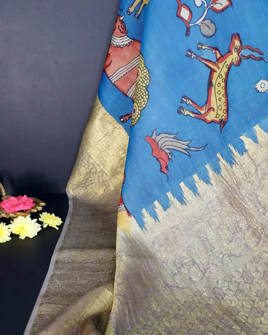Blue Kachi Kalamkari Silk Saree - PattuCheeralu