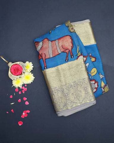 Blue Kachi Kalamkari Silk Saree - PattuCheeralu