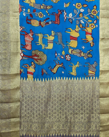Blue Kachi Kalamkari Silk Saree - PattuCheeralu