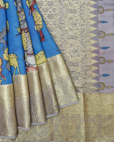 Blue Kachi Kalamkari Silk Saree - PattuCheeralu