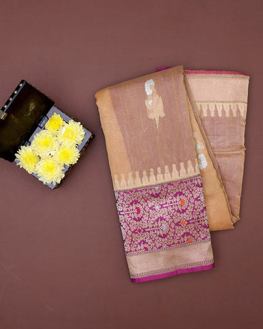 Honey Beige Kora Banarasi Silk Saree - PattuCheeralu