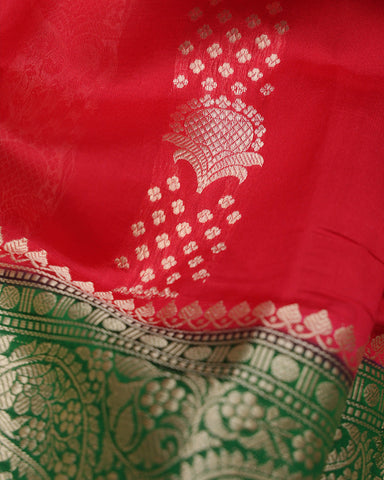 Crimson Red Kora Banarasi Saree - PattuCheeralu