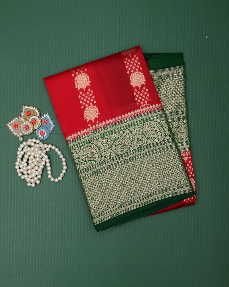 Crimson Red Kora Banarasi Saree - PattuCheeralu