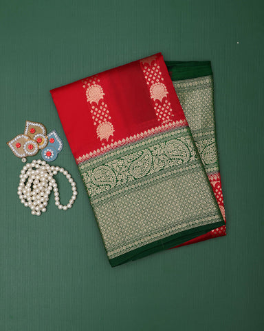 Crimson Red Kora Banarasi Saree - PattuCheeralu