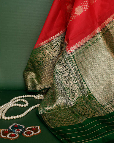 Crimson Red Kora Banarasi Saree - PattuCheeralu