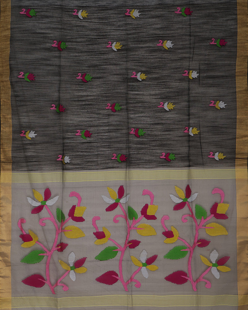 Black Dhakai Jamdani Silk Saree - PattuCheeralu