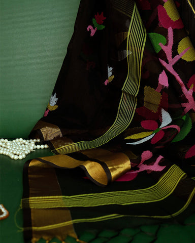 Black Dhakai Jamdani Silk Saree - PattuCheeralu
