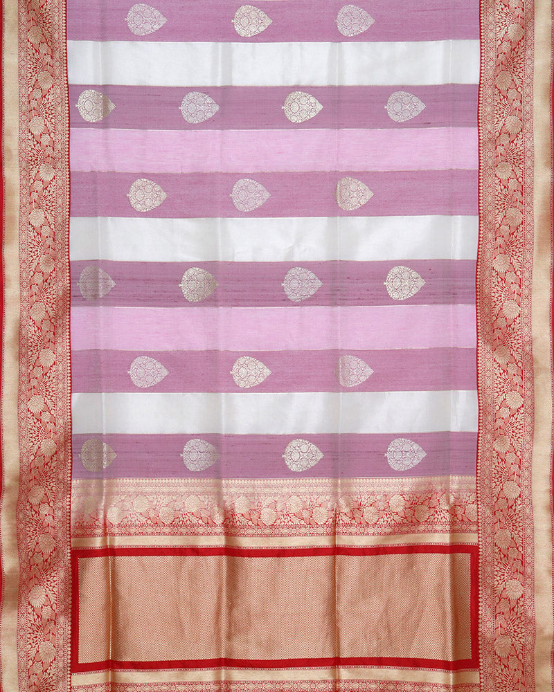 Off White And Purple Katan Banarasi Silk Saree - PattuCheeralu