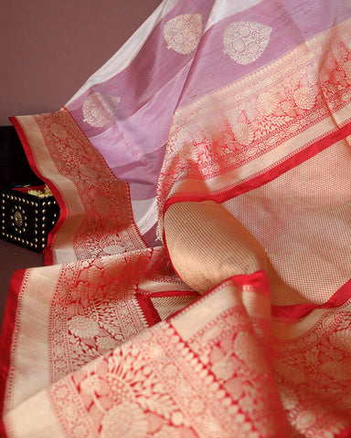 Off White And Purple Katan Banarasi Silk Saree - PattuCheeralu
