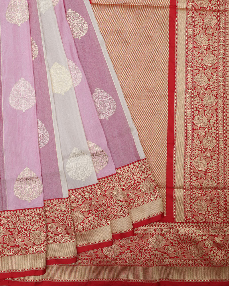 Off White And Purple Katan Banarasi Silk Saree - PattuCheeralu