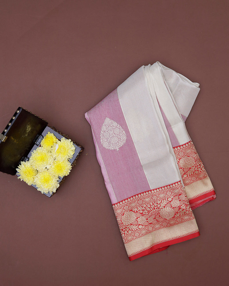 Off White And Purple Katan Banarasi Silk Saree - PattuCheeralu