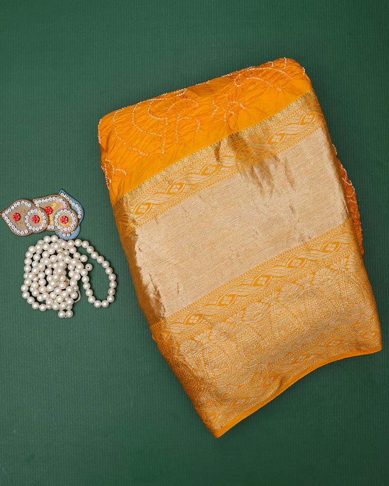Mustard Yellow Bandhani Silk Saree - PattuCheeralu