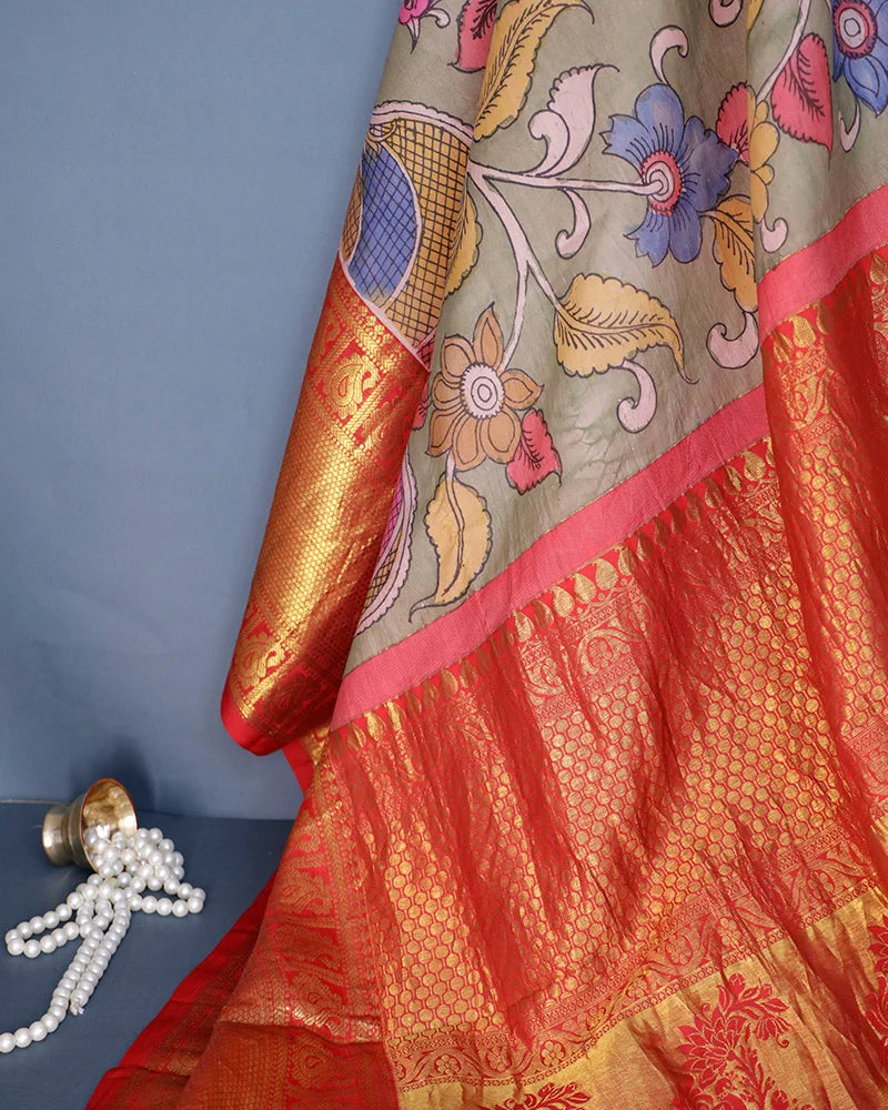 Ash Pen Kalamkari Silk Saree - PattuCheeralu