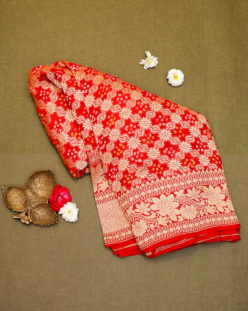 Red bandhani georgette saree - PattuCheeralu