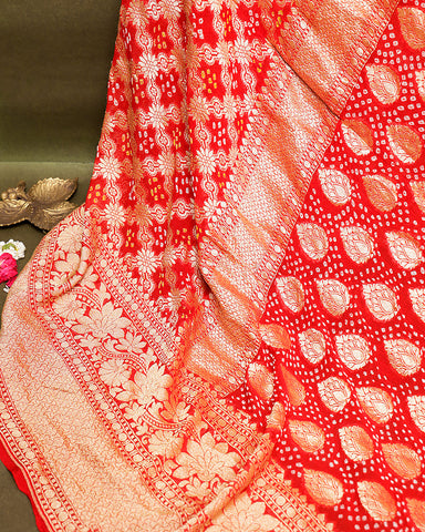 Red bandhani georgette saree - PattuCheeralu