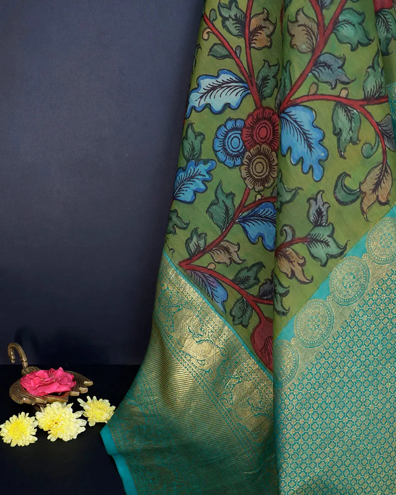 Green Kalamkari Silk Saree - PattuCheeralu