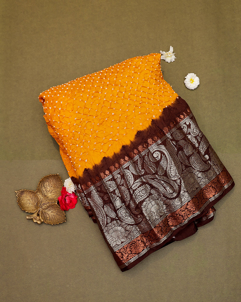 Yellow bandhani silk saree - PattuCheeralu