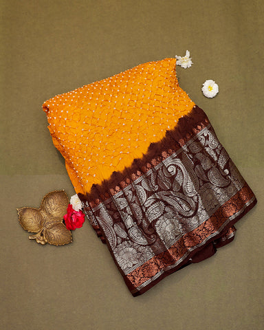 Yellow bandhani silk saree - PattuCheeralu
