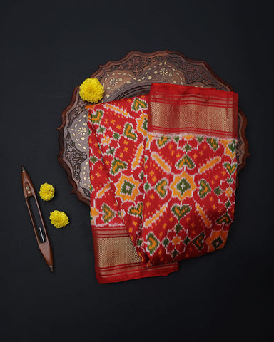 Double Ikkat Red Saree - PattuCheeralu